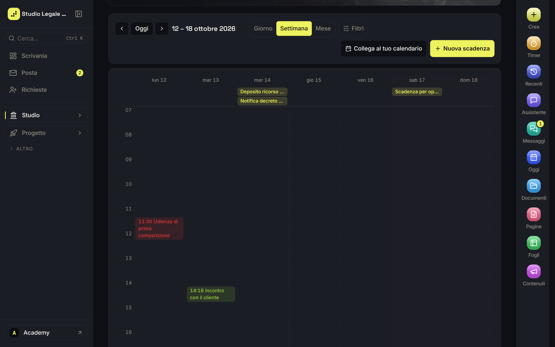 L'Agenda in vista Settimana con udienze e scadenze colorate per tipo