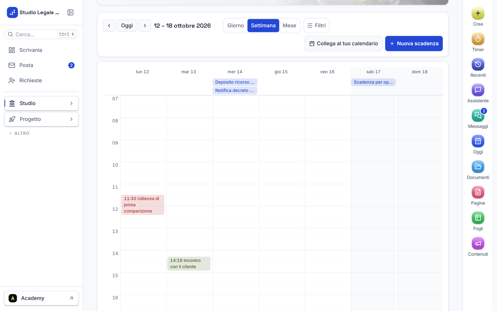 L'Agenda in vista Settimana con udienze e scadenze colorate per tipo