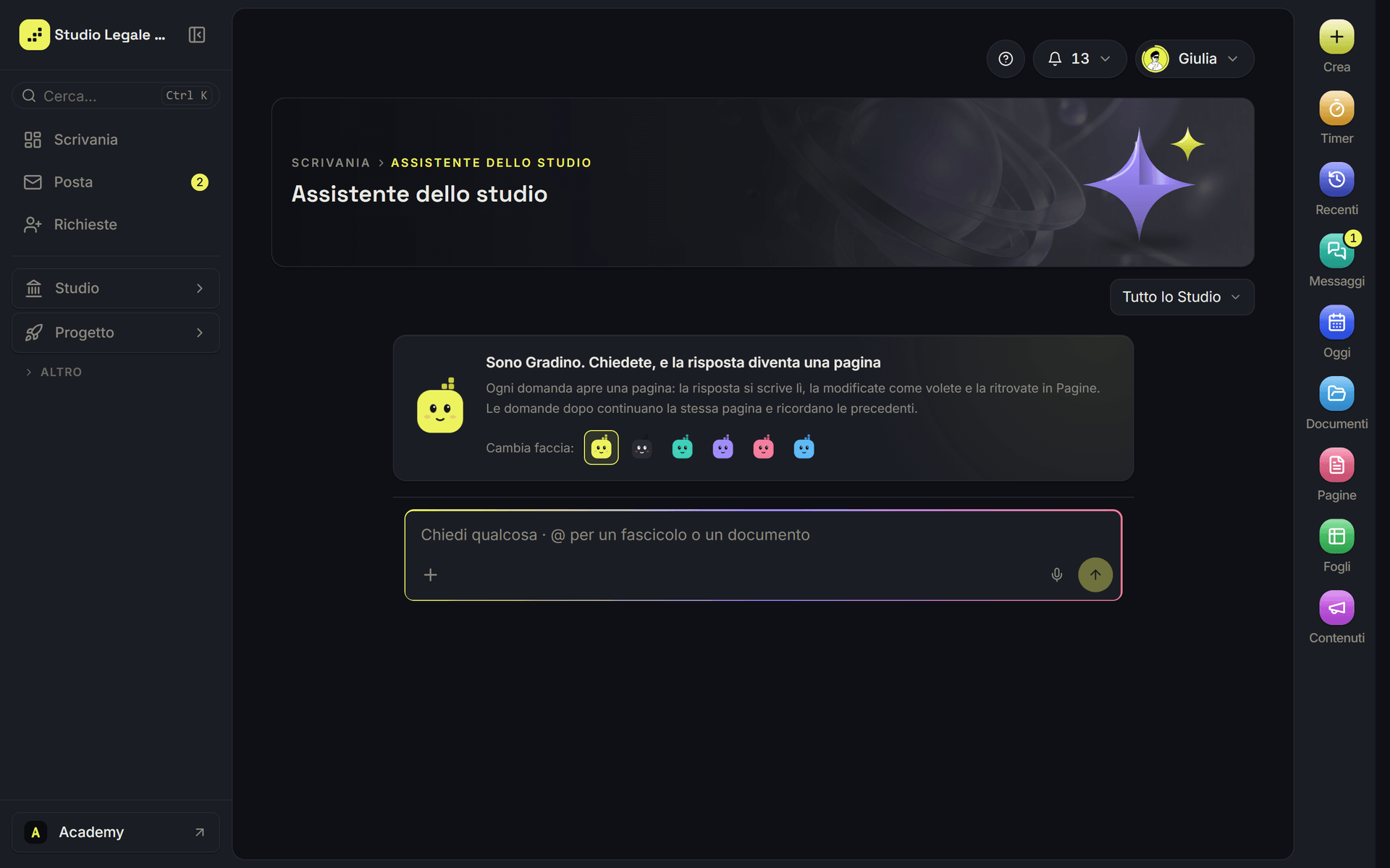 La pagina Assistente dello studio con Gradino e la casella per la domanda