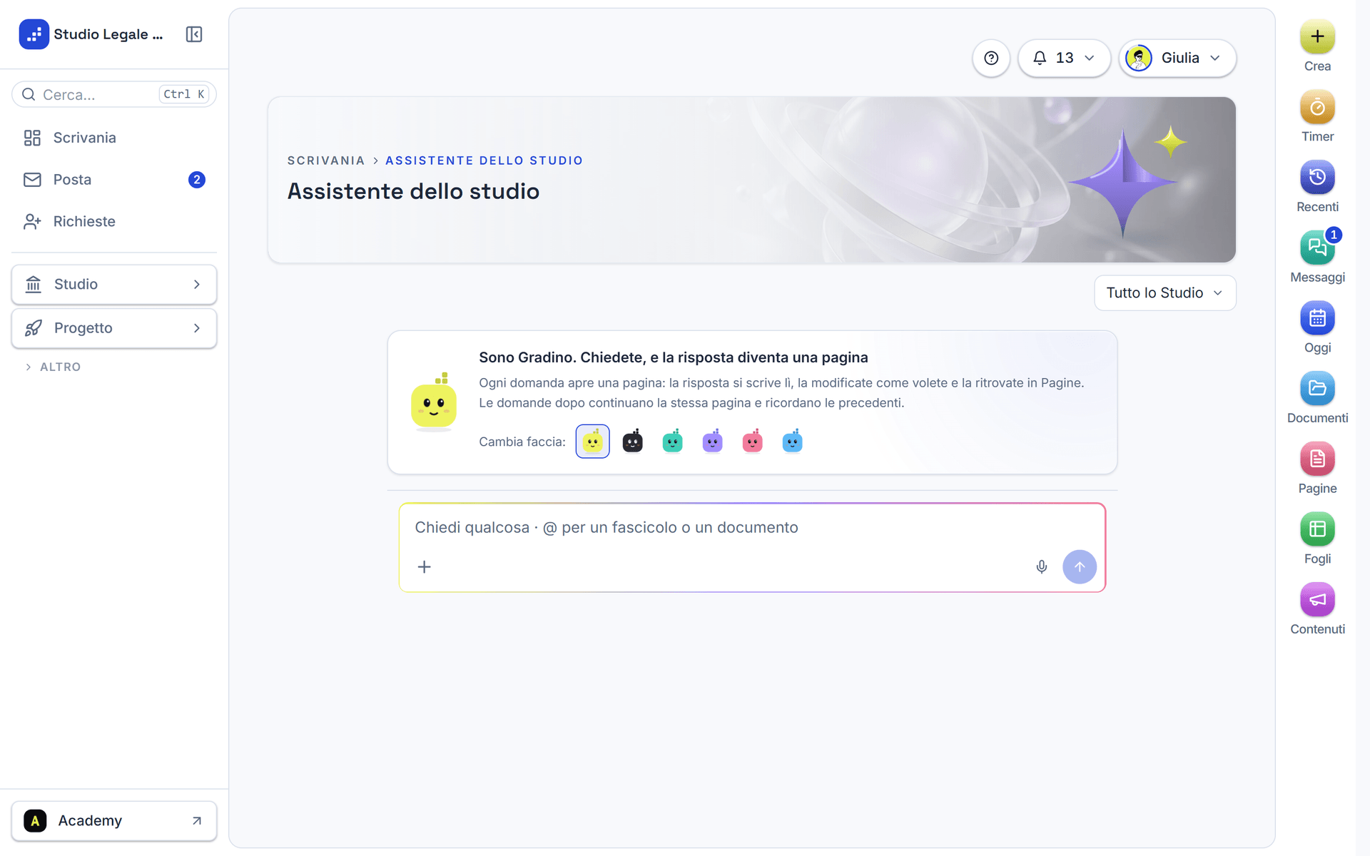 La pagina Assistente dello studio con Gradino e la casella per la domanda