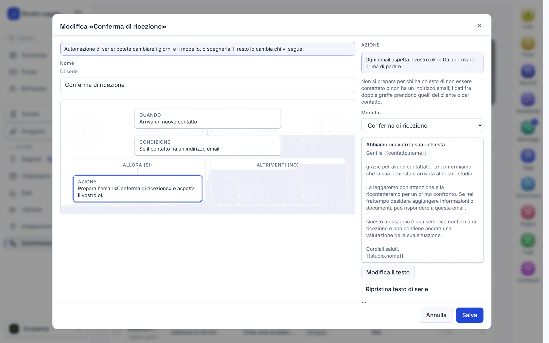 La lavagna di un'automazione con il blocco Quando e i passi Allora