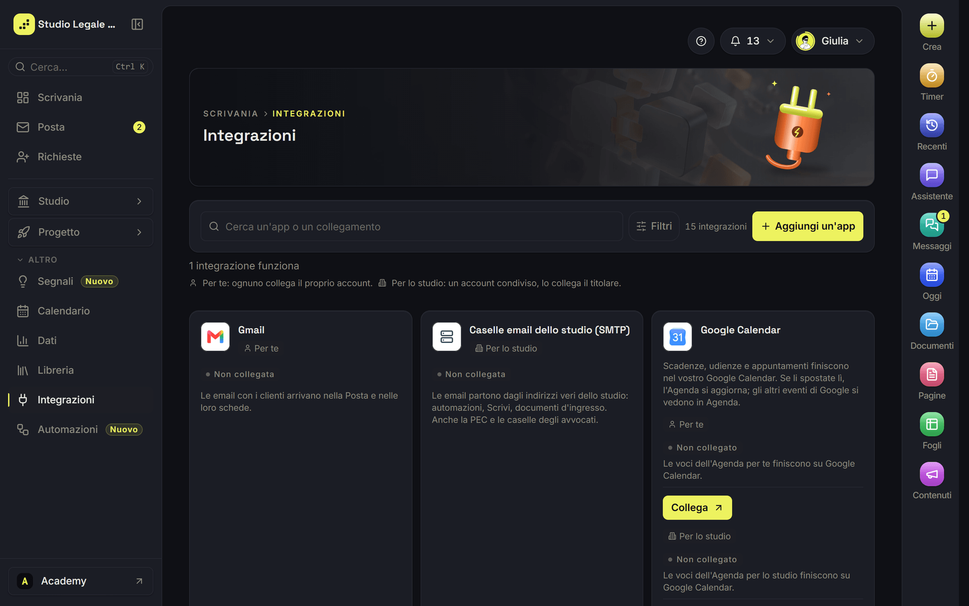 La pagina Integrazioni con le carte divise per gruppo