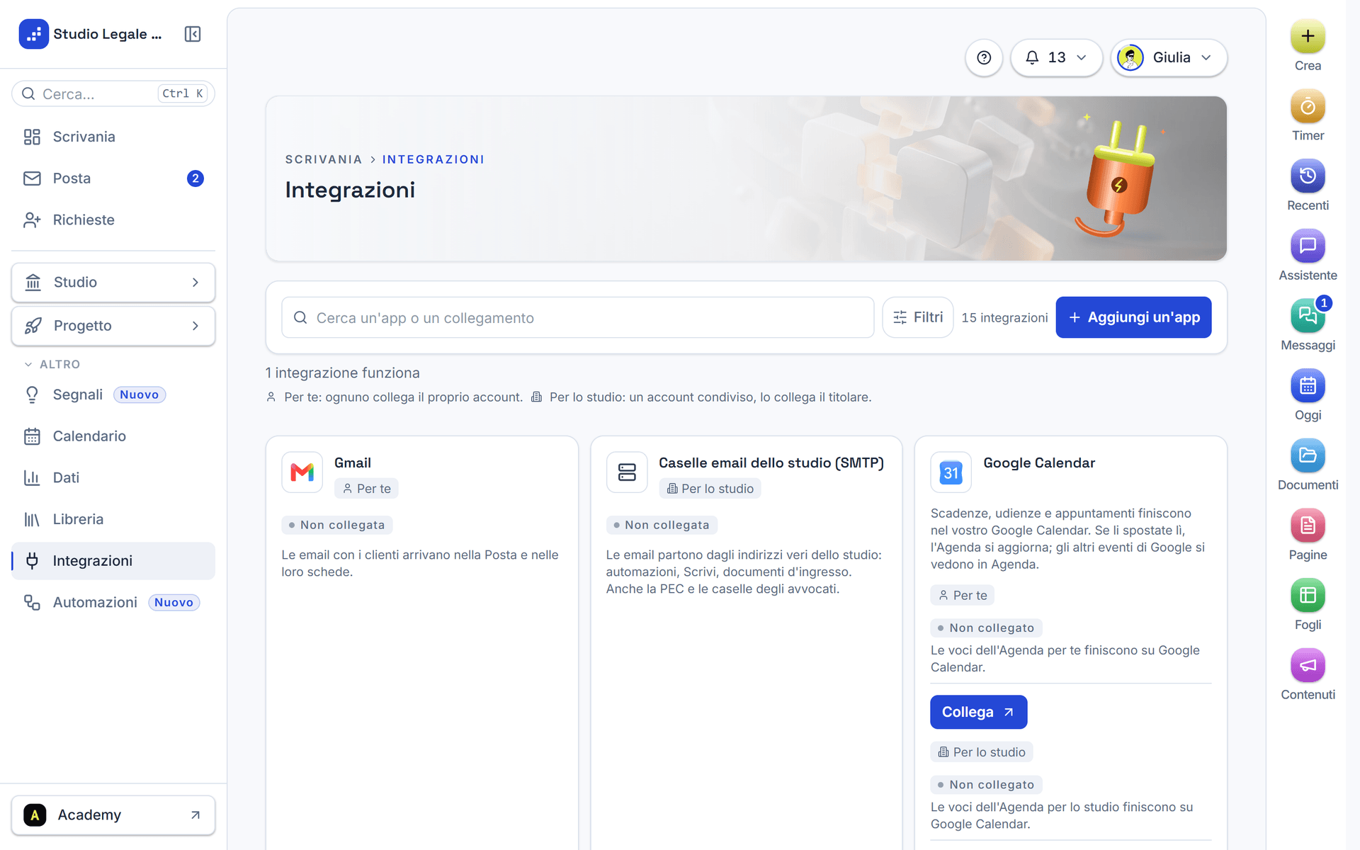 La pagina Integrazioni con le carte divise per gruppo