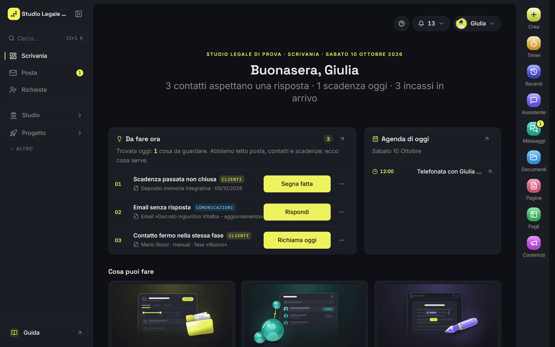 Studio OS con il menu a sinistra, la Scrivania al centro e la barra a destra