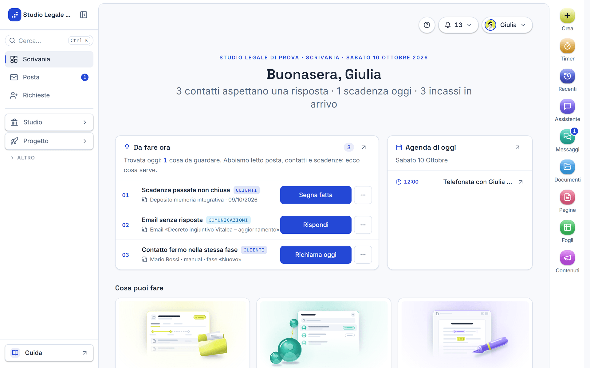 Studio OS con il menu a sinistra, la Scrivania al centro e la barra a destra