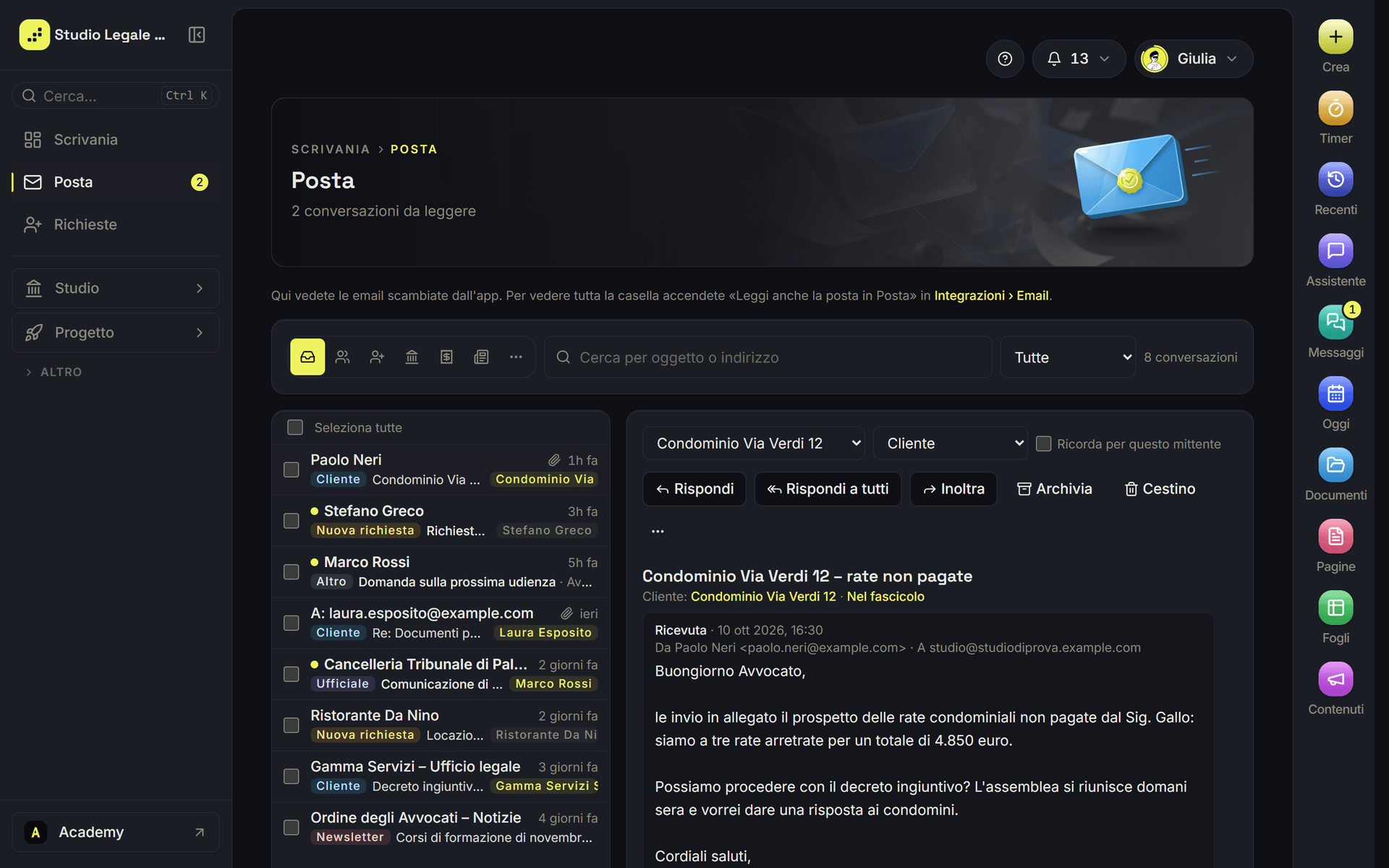 Un'email aperta con i pulsanti Rispondi, Rispondi a tutti e Inoltra