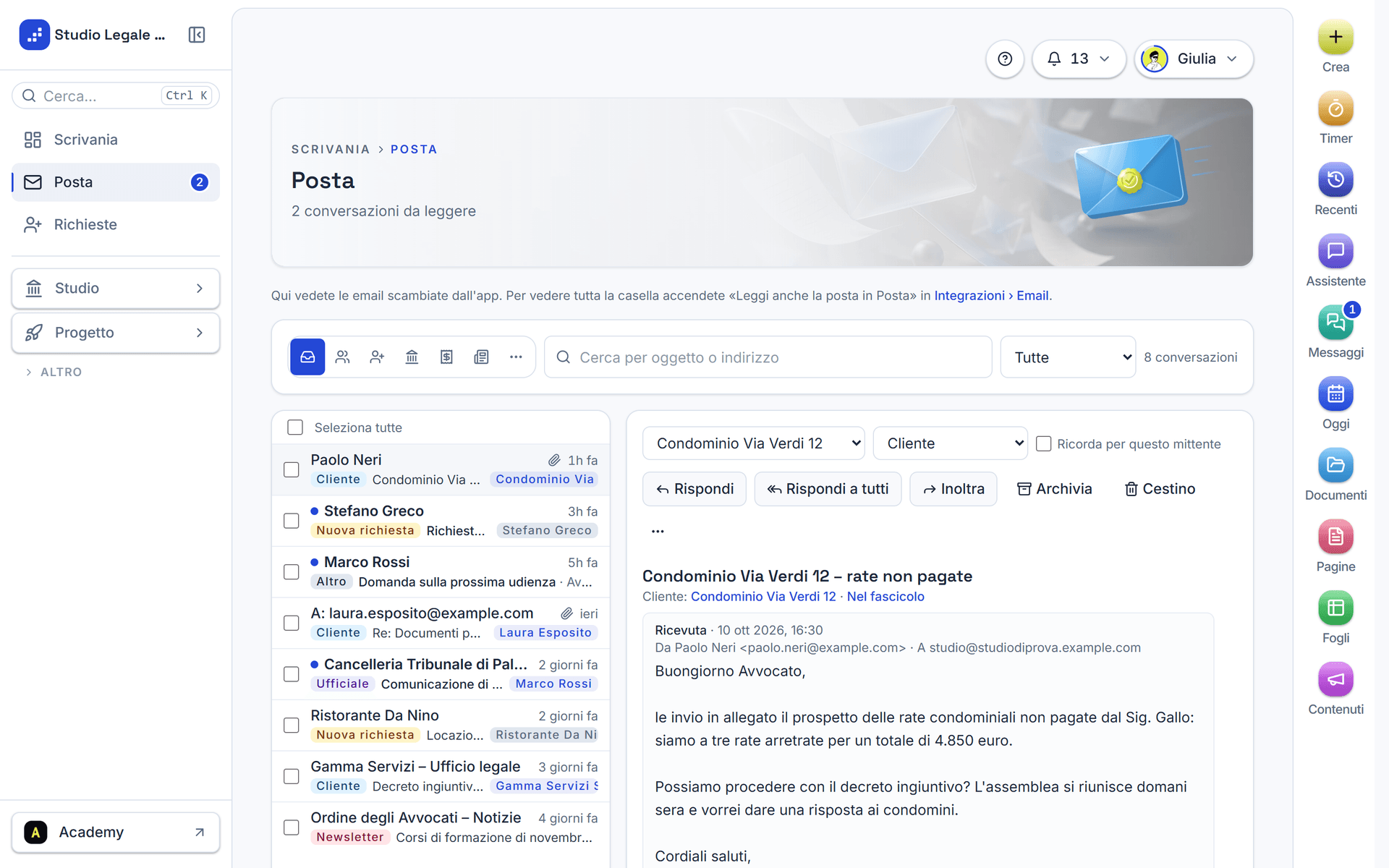 Un'email aperta con i pulsanti Rispondi, Rispondi a tutti e Inoltra