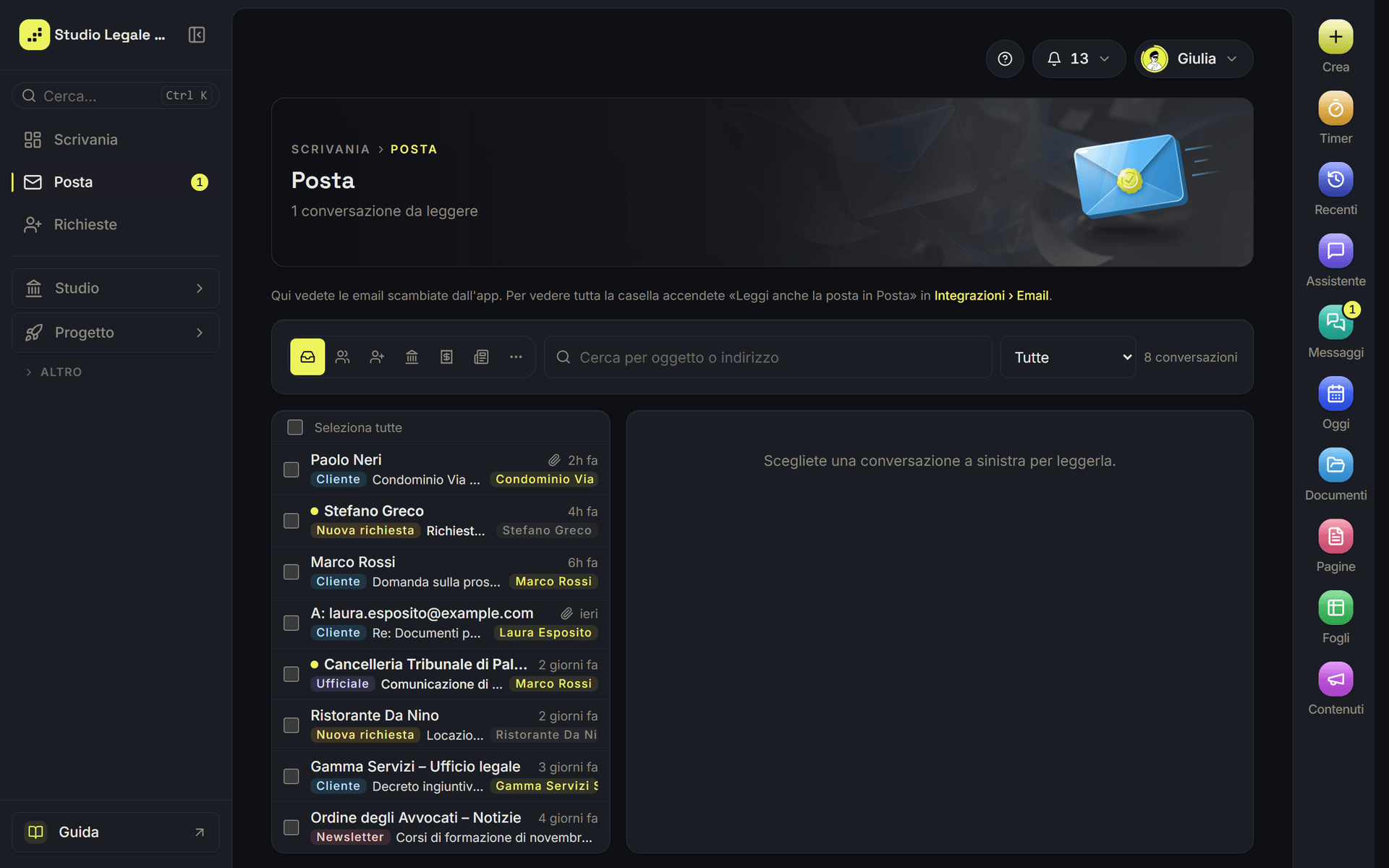 La pagina Posta con l'elenco delle conversazioni a sinistra e l'email aperta a destra