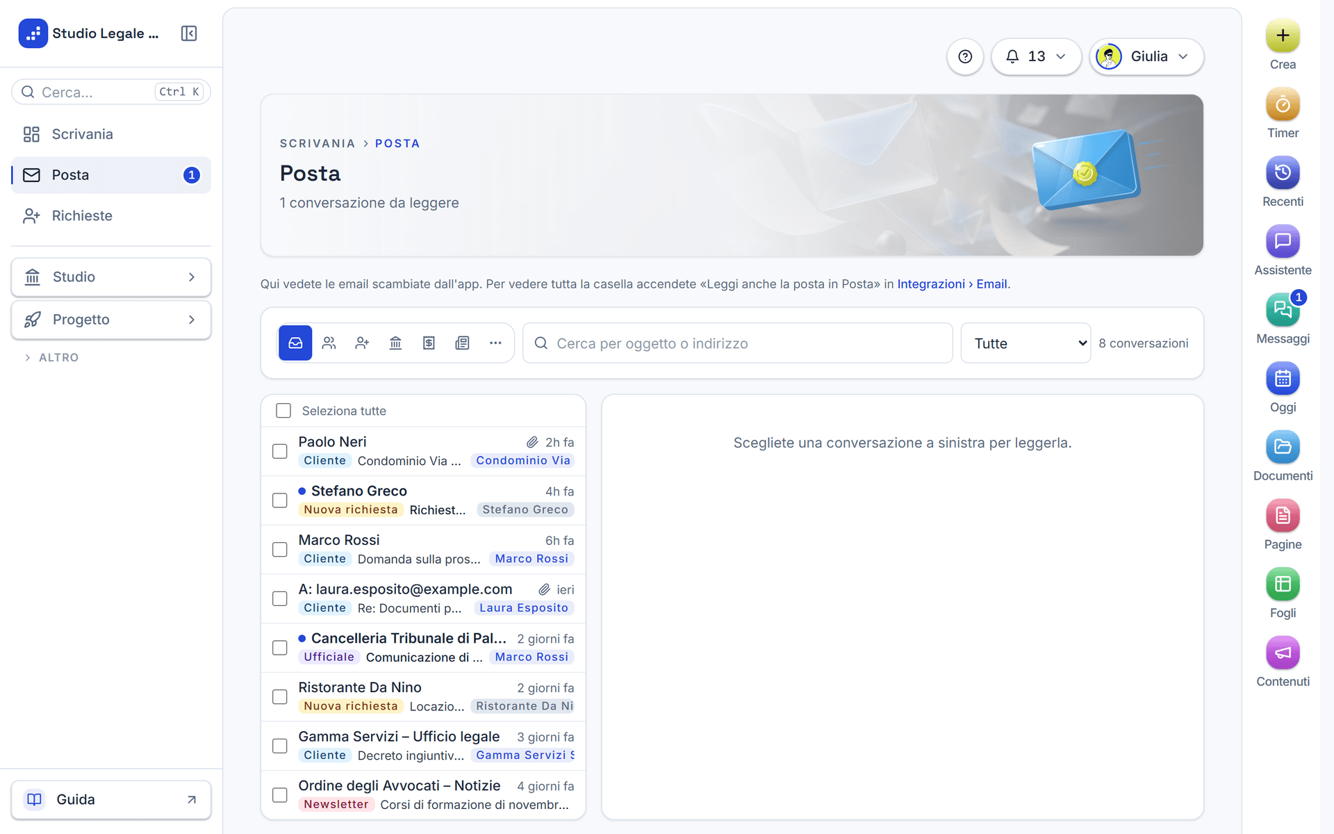 La pagina Posta con l'elenco delle conversazioni a sinistra e l'email aperta a destra
