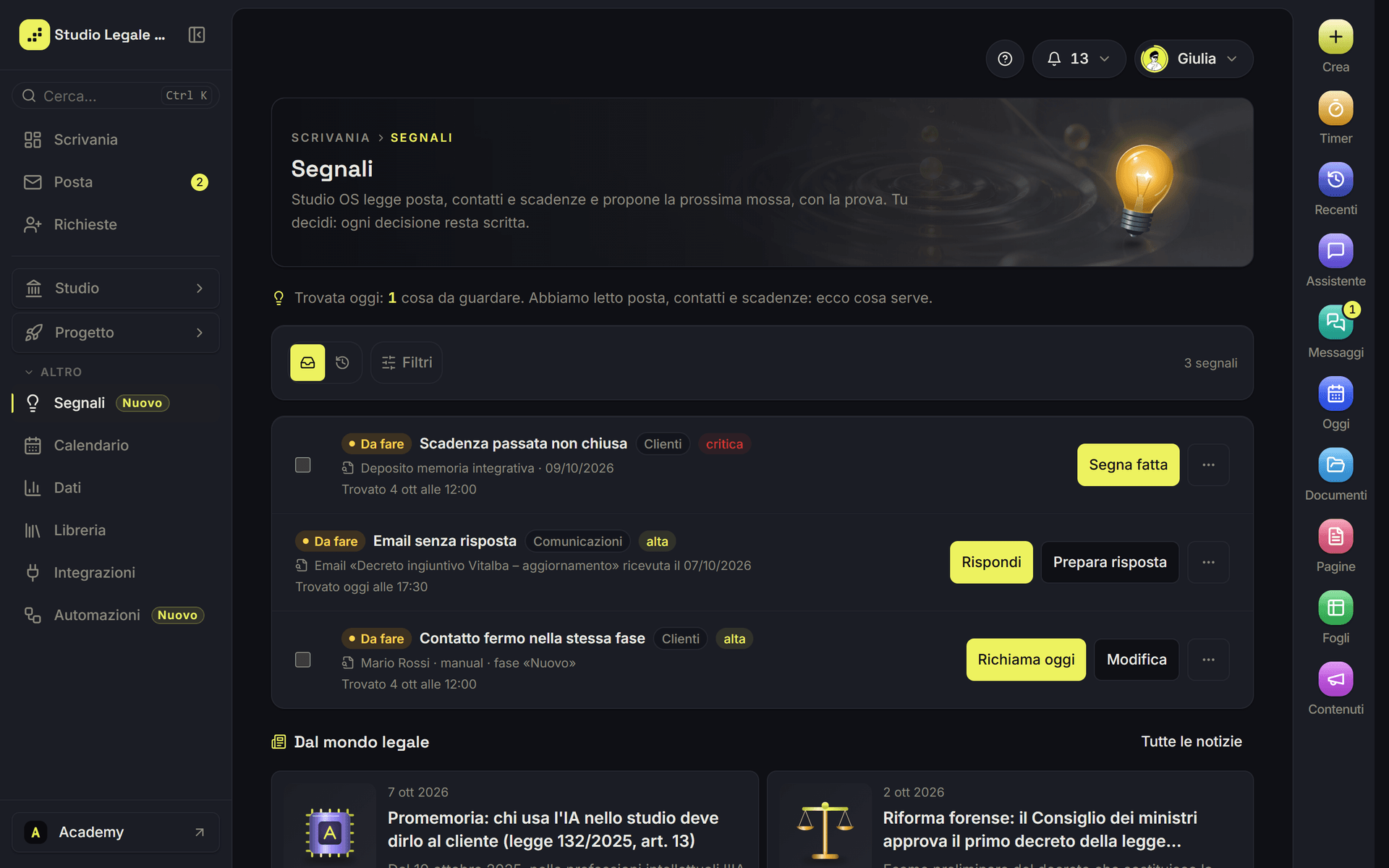 La pagina Segnali con le carte delle proposte del giorno
