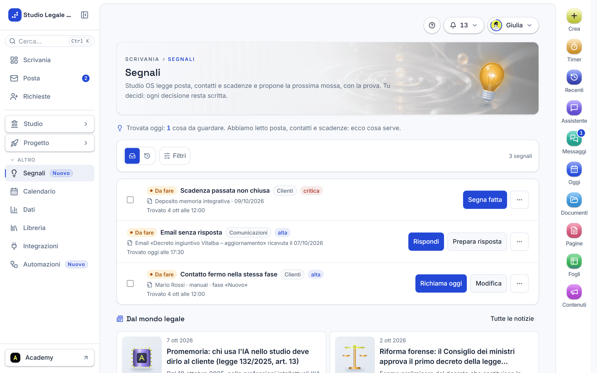 La pagina Segnali con le carte delle proposte del giorno