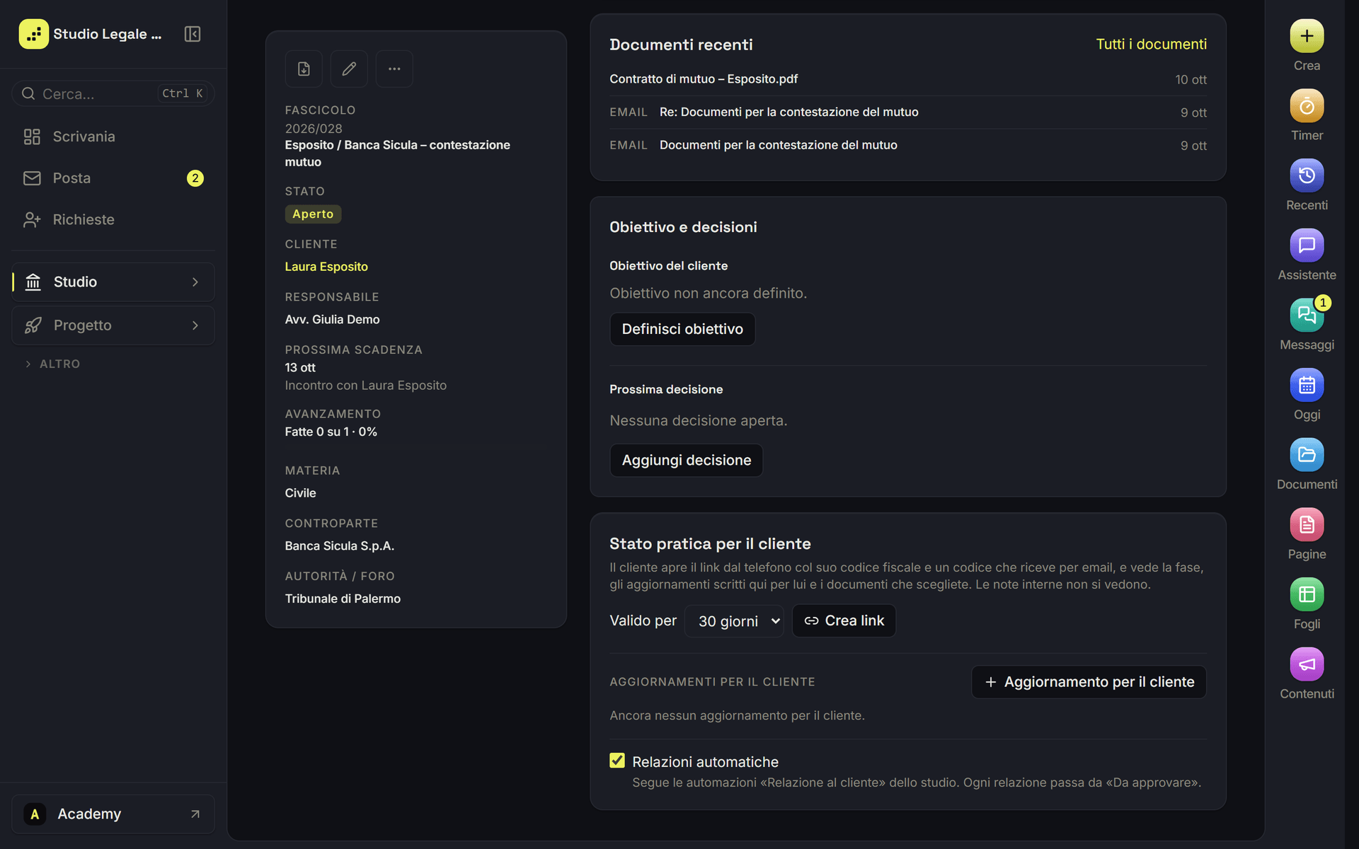 La pagina dello stato pratica vista dal cliente
