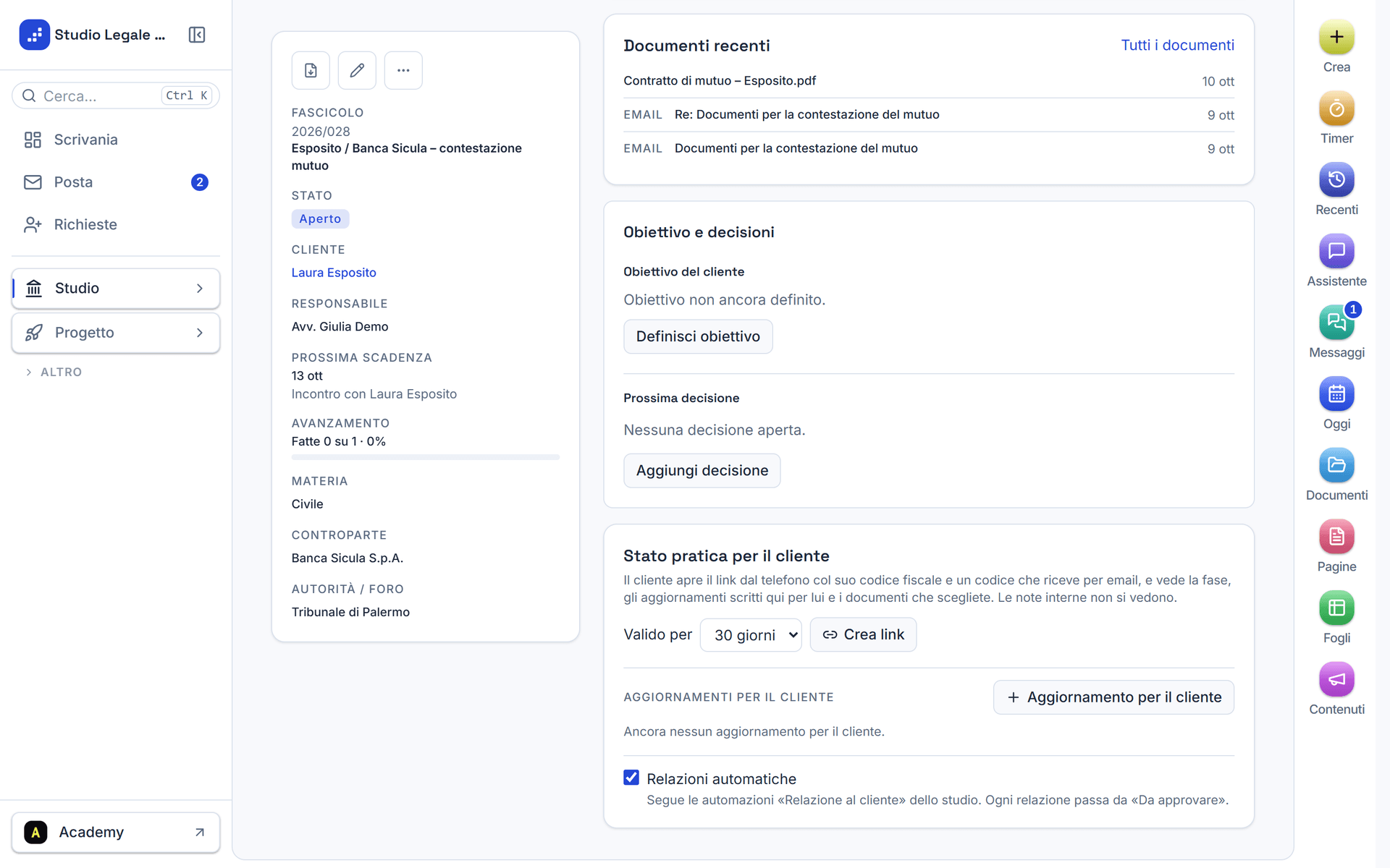 La pagina dello stato pratica vista dal cliente
